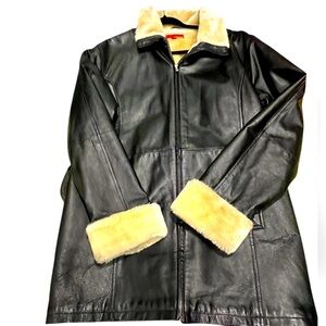 Soft Leather Coat Andre Creations de Cuir Wm’s Sz 2XBrown Zip SherpaCuffs&Collar